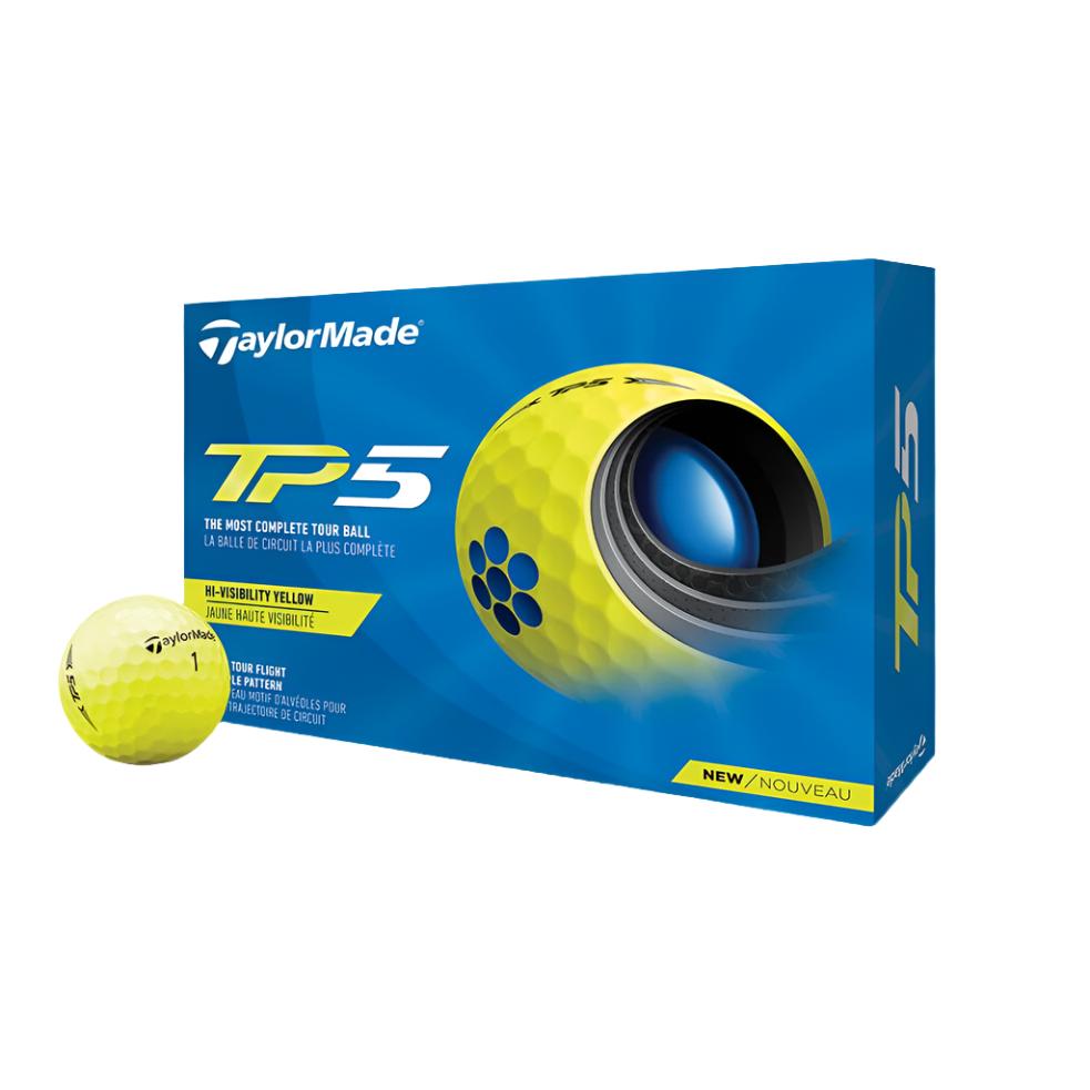 A box of TaylorMade TP5 golf balls with a single ball displayed in front, featuring white and yellow colors with brand and product information.