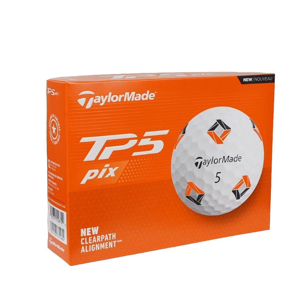 A pack of TaylorMade TP5 Pix golf balls in white and orange packaging.