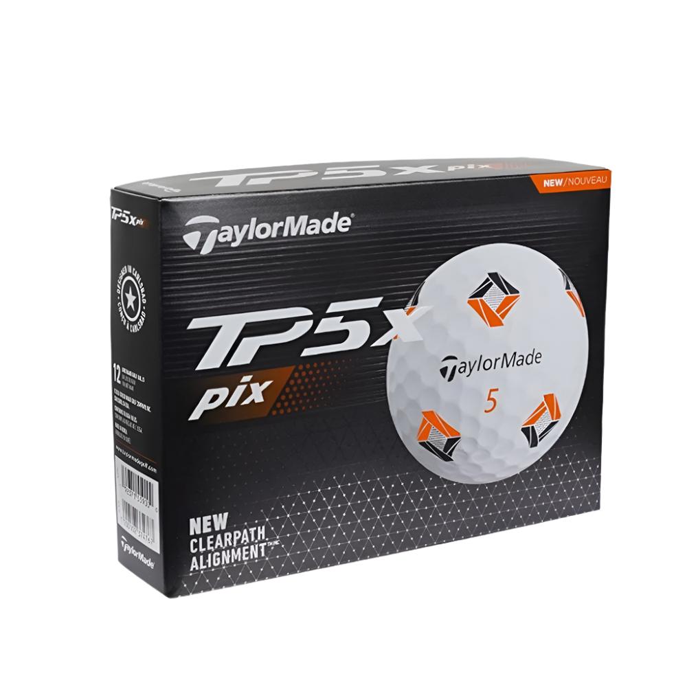A pack of TaylorMade TP5 Pix golf balls in white and orange packaging.