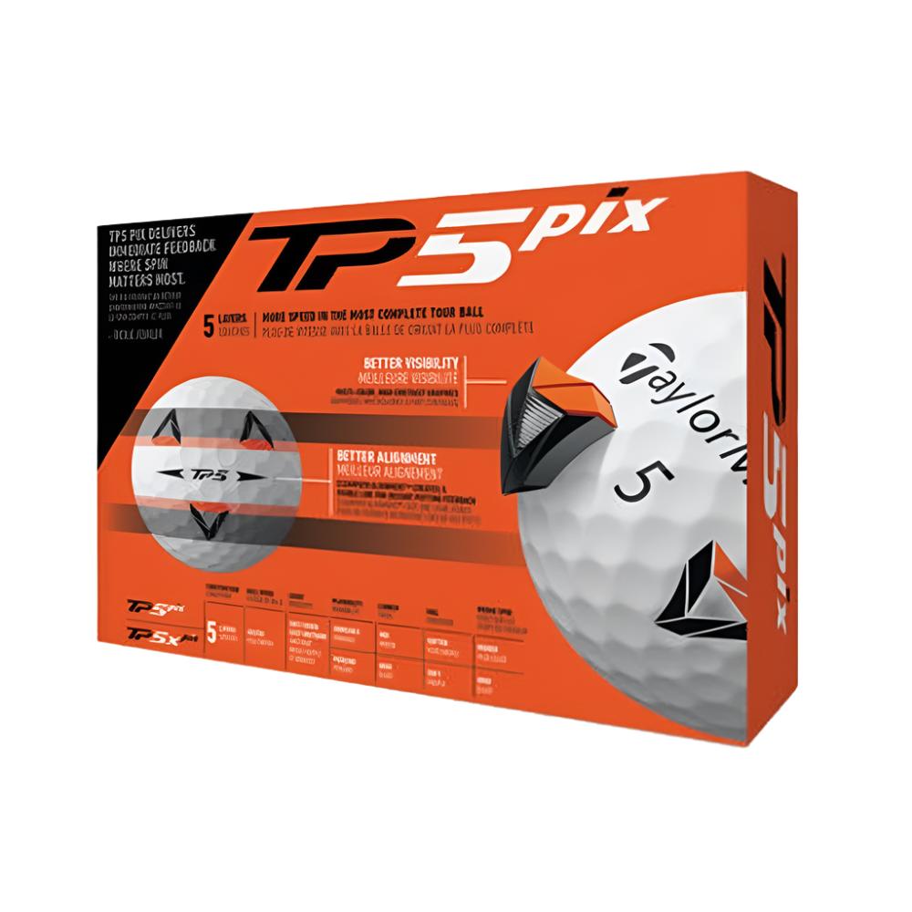 A pack of TaylorMade TP5 Pix golf balls in white and orange packaging.