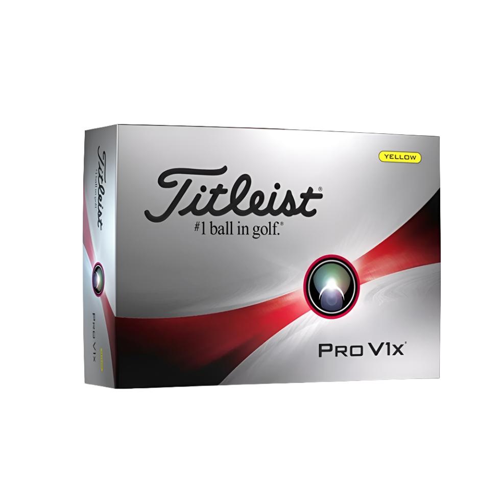 A box of yellow Titleist Pro V1x golf balls with the brand and model name displayed on the front.