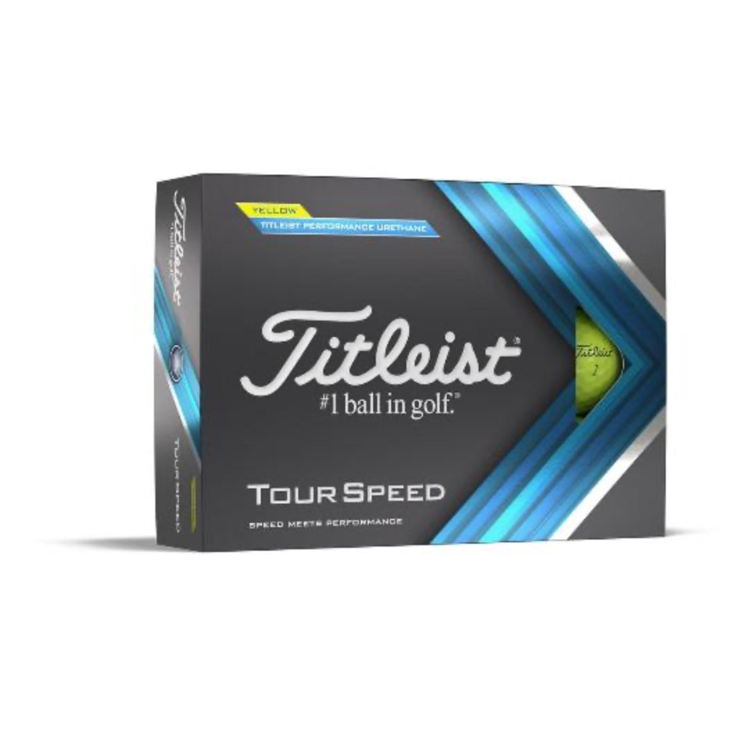 A box of Titleist Tour Speed golf balls predominantly white with company branding and product name displayed.