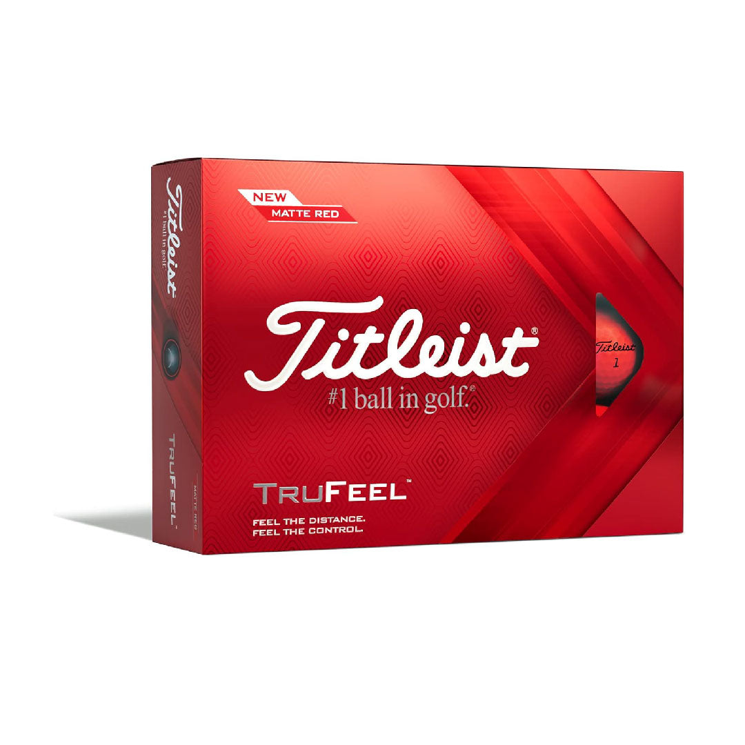 A red Titleist golf ball box with the brand name and the slogan 'TruFeel - Feel the Distance' on it.