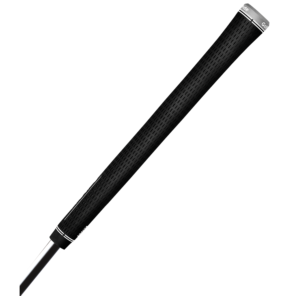 A black golf grip with the brand name 'Golf Pride' written on it. diagonal view