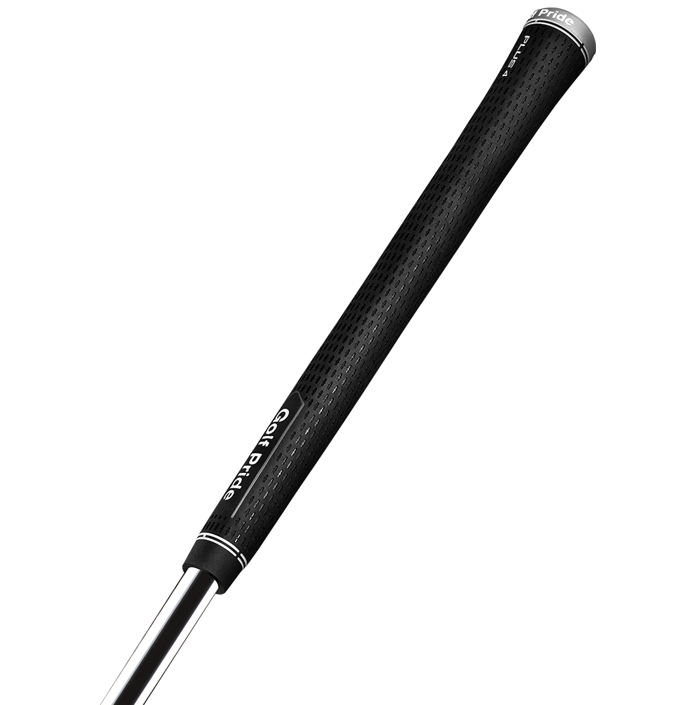 A black golf grip with the brand name 'Golf Pride' written on it. side view