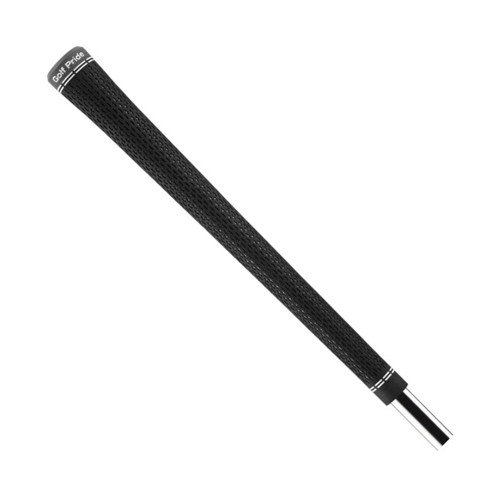A black golf grip with white accent lines and a metal ferrule.