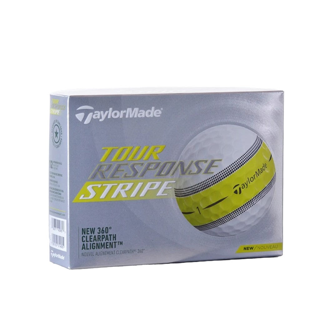 TaylorMade Tour Response Stripe golf ball packaging on a white background