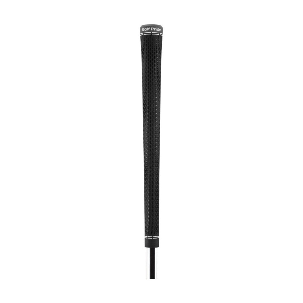 A black golf grip with white accent lines and a metal ferrule.