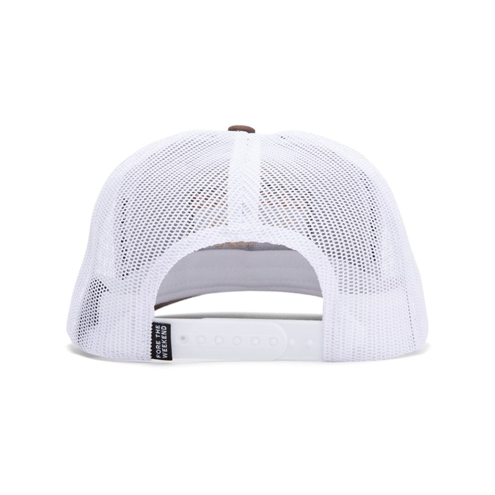 A brown and white trucker golf hat with a mesh back and an embroidery tag writing FORE THE WEEKEND in a tag at the back of the cap