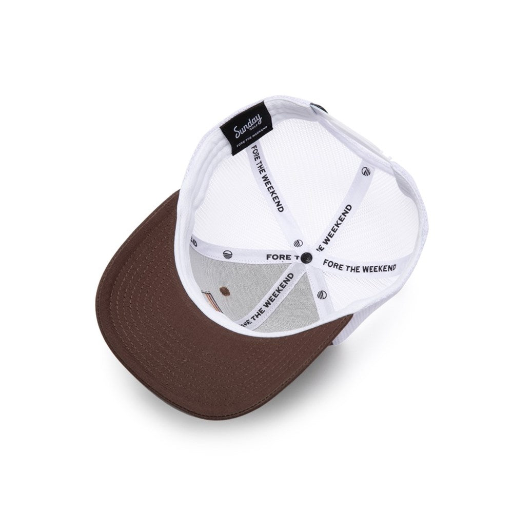 A brown golfing cap which has an inside embroidery tag titled 'Sunday golf fore the weekend' and FORE THE WEEKEND stitching written in the inside of the cap