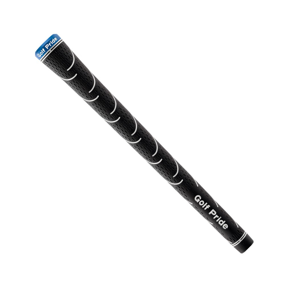 A black Golf Pride midsize golf club grip with a blue logo at the top.