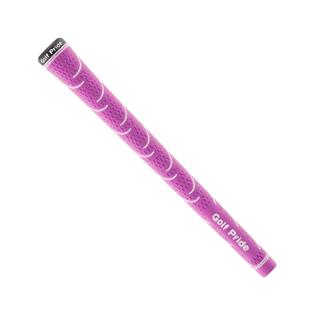 A pink golf grip with a blue logo at the top, featuring the text 'Golf Pride' on it.