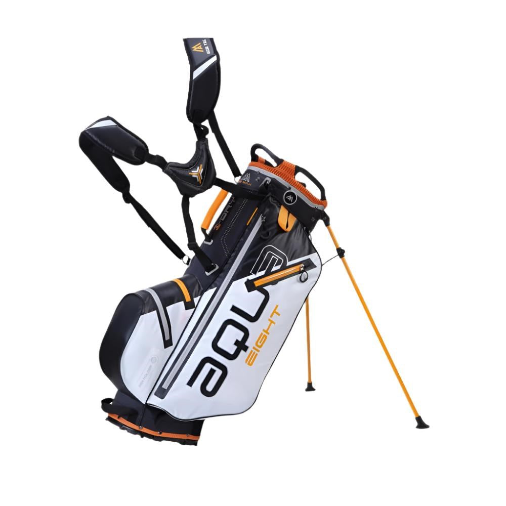 A orange black white BIG MAX golf stand bag with multiple pockets and a 7-way organizer top, displayed on a white background.