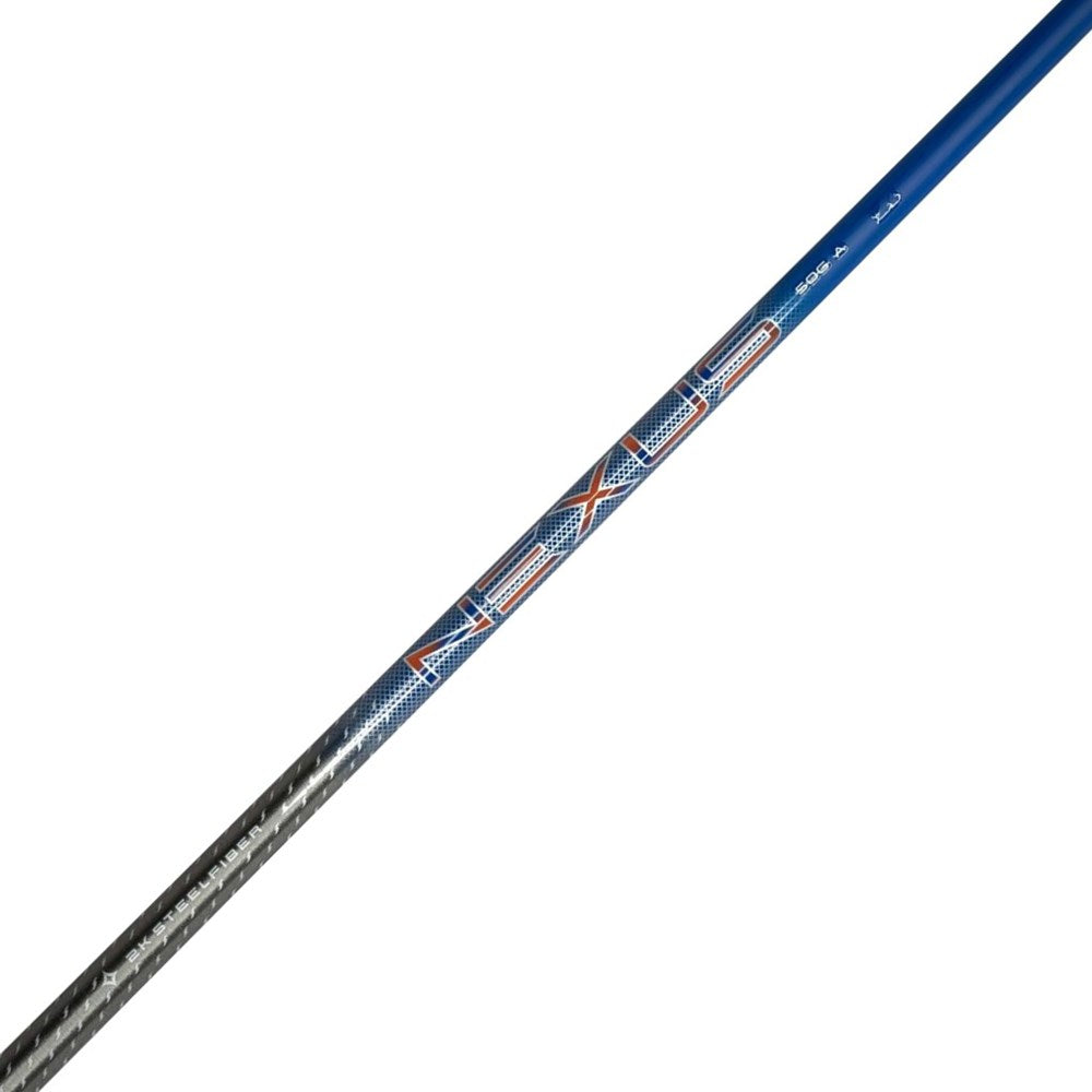 A close-up image of a golf club shaft with Steel fibre Nexus branding and blue color predominantly featured.