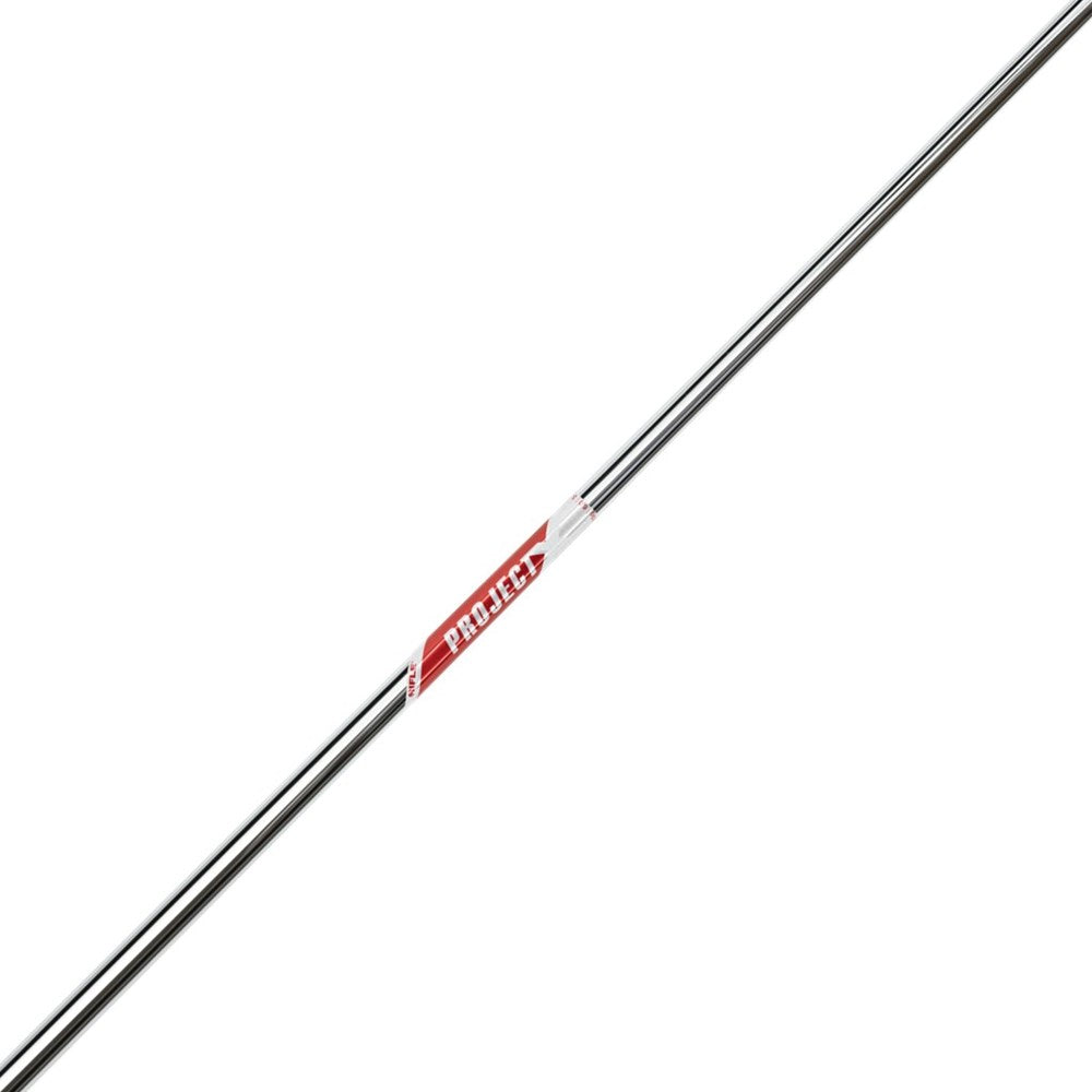 A single golf club shaft with red and white branding on it, lying against a white background.