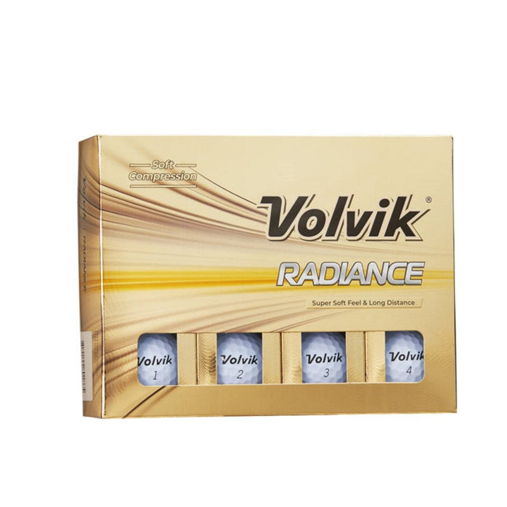 A box of Volvik Radiance golf balls with packaging displaying the product name and the number of balls included.