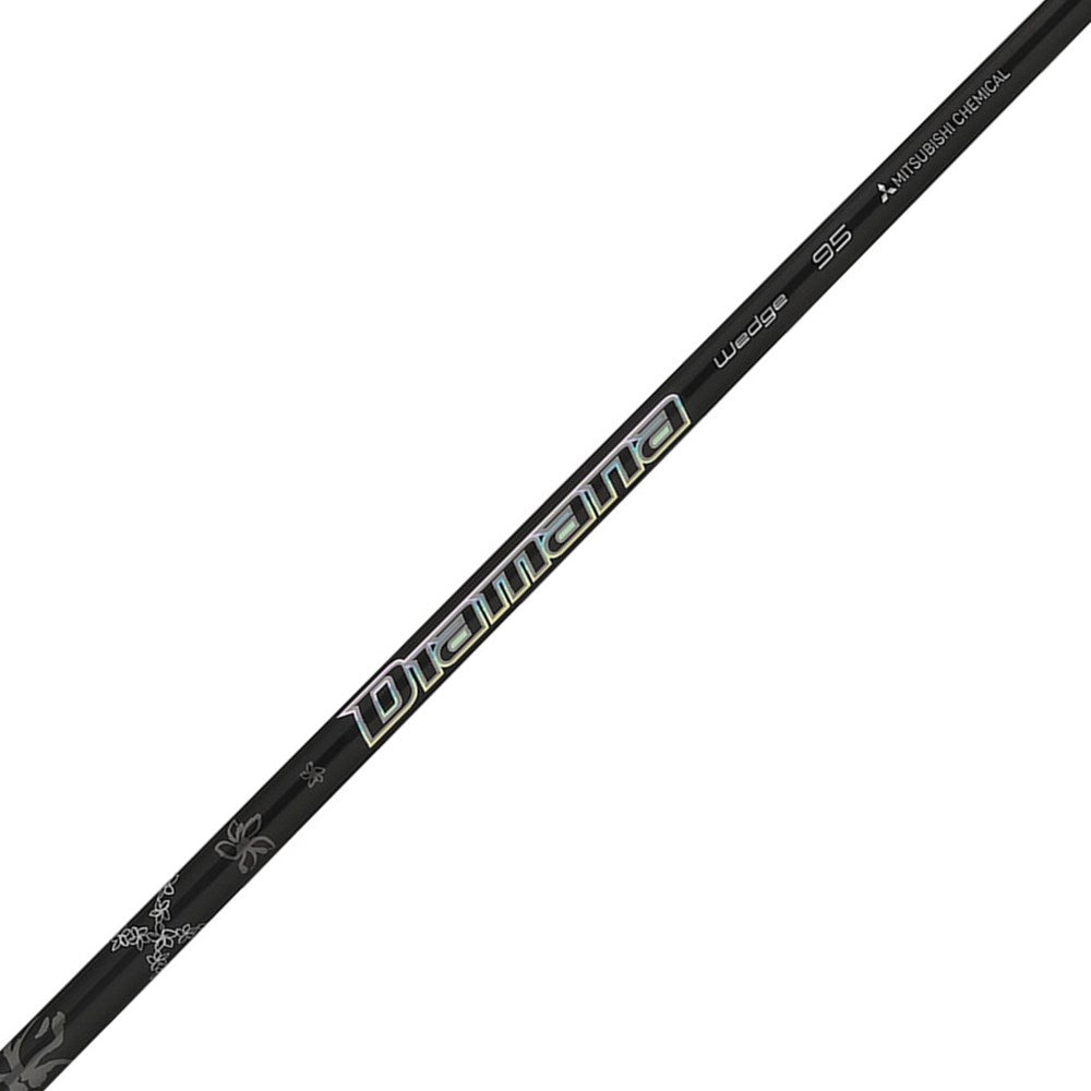 Black golf club shaft with branding on a white background