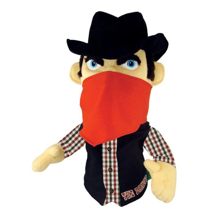 A plush golf club headcover featuring a cartoon character wearing a bandana and a cowboy hat.