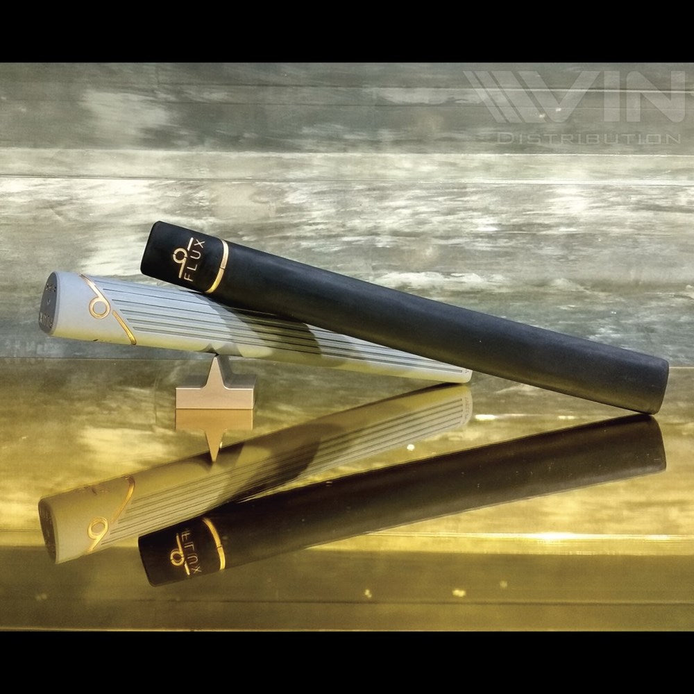 A close-up view of a putter grip with a gray and black color scheme and gold accents.