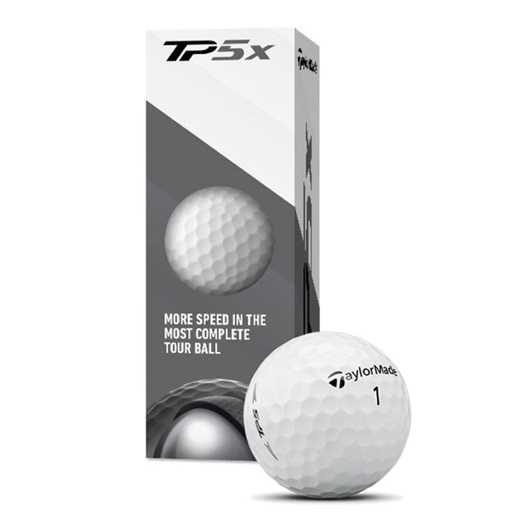 A box of TaylorMade TP5x golf balls with 1 golf ball displayed out of the box
