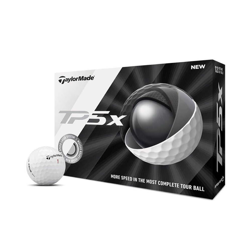 A box of TaylorMade TP5x golf balls with one ball visible in front of the box. The packaging highlights ball speed and the most complete tour ball features.