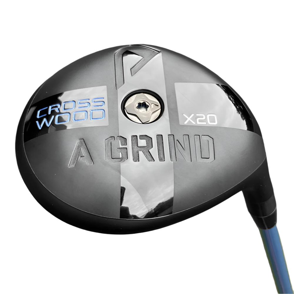 A black golf club head with the label 'A GRIND' and 'CROSS WOOD' on the top, and 'X20' on the bottom. The head features a blue and white logo of an unrelated brand.