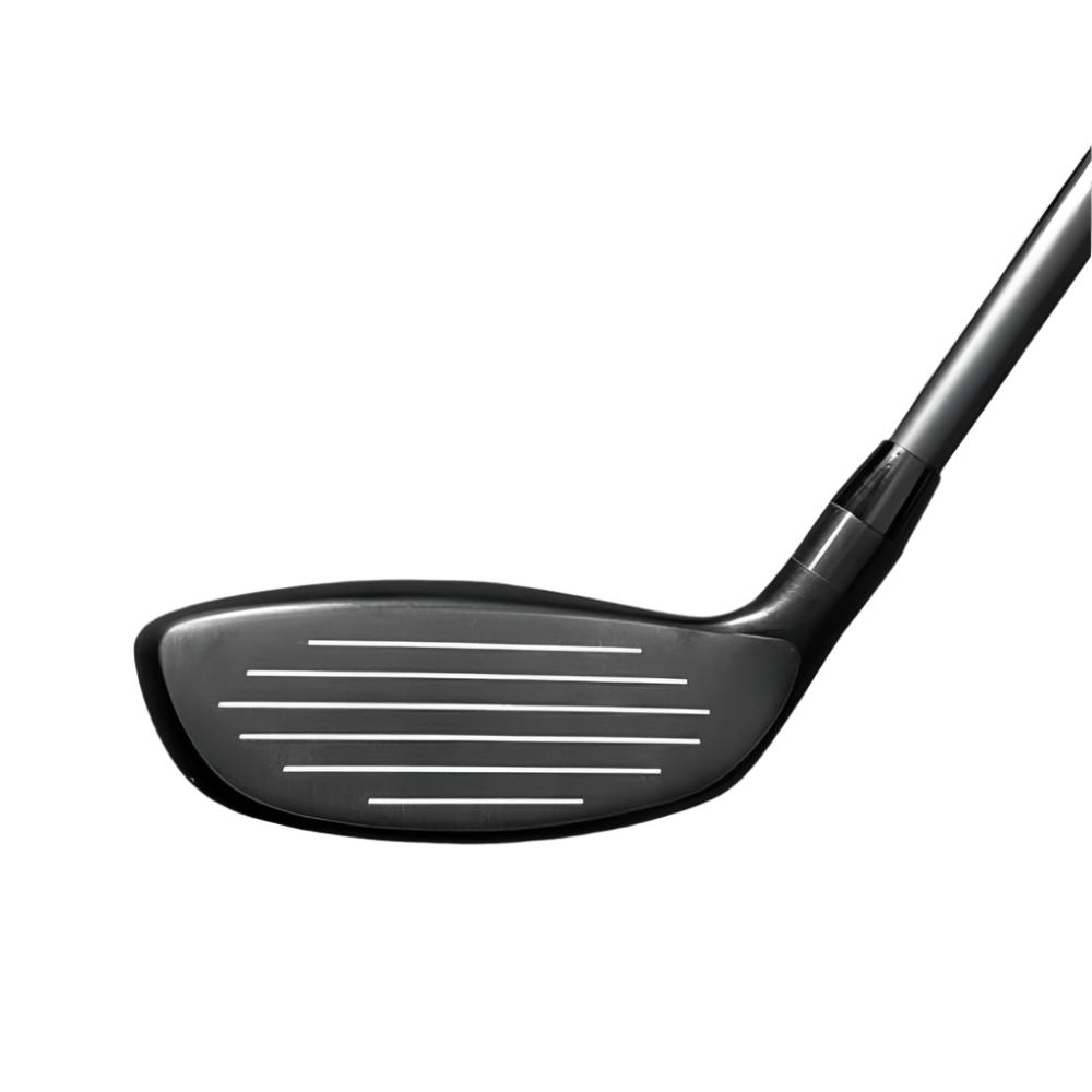 A-Grind Gettar Hybrid golf club head with a black and blue design, featuring a maraging steel face and a taper rail structure. photo three