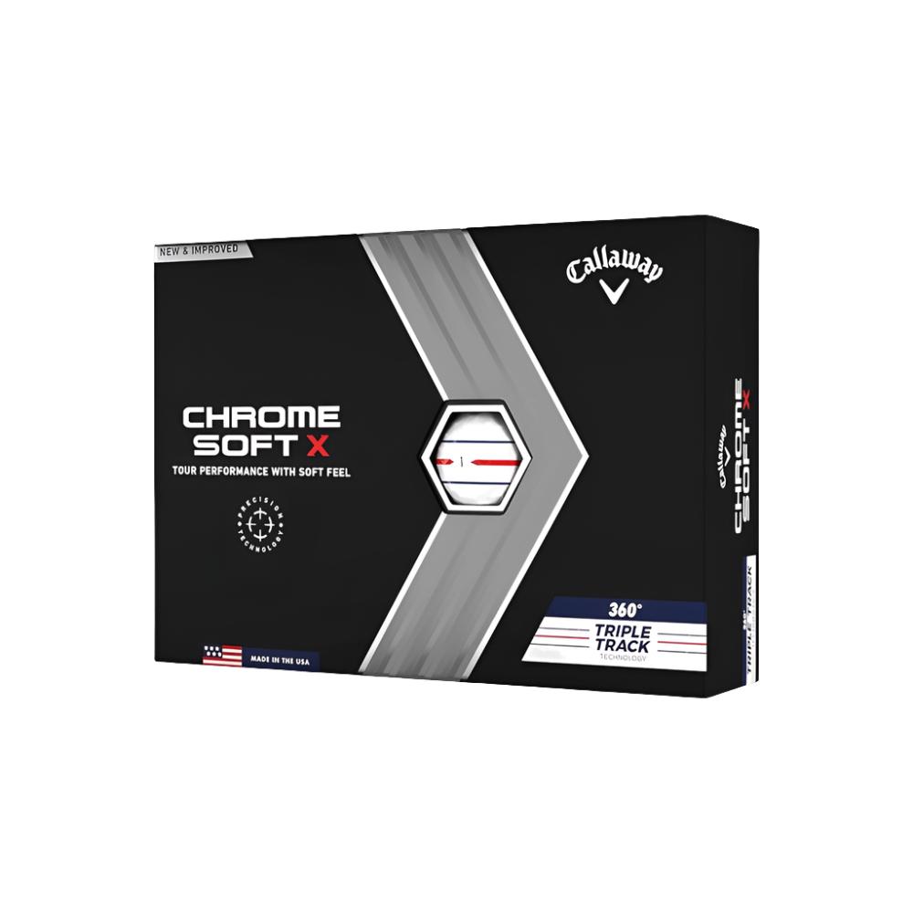 A box of Callaway Chrome Soft X golf balls with Triple Track Technology. The packaging is predominantly black with white and red accents and features the Callaway logo and product name.
