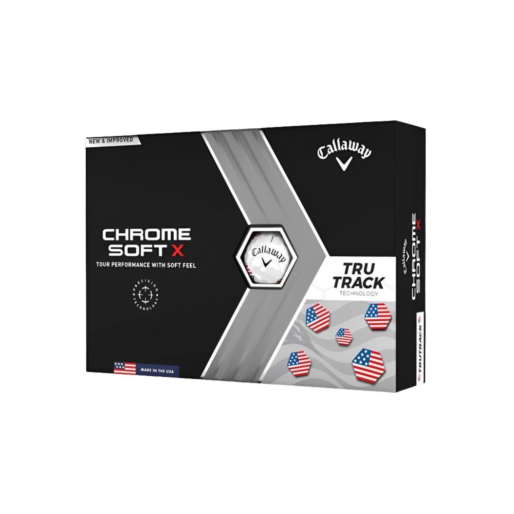 A box of Callaway Chrome Soft X Tru Track golf balls with a multicolor design, featuring images of the balls and the American flag.