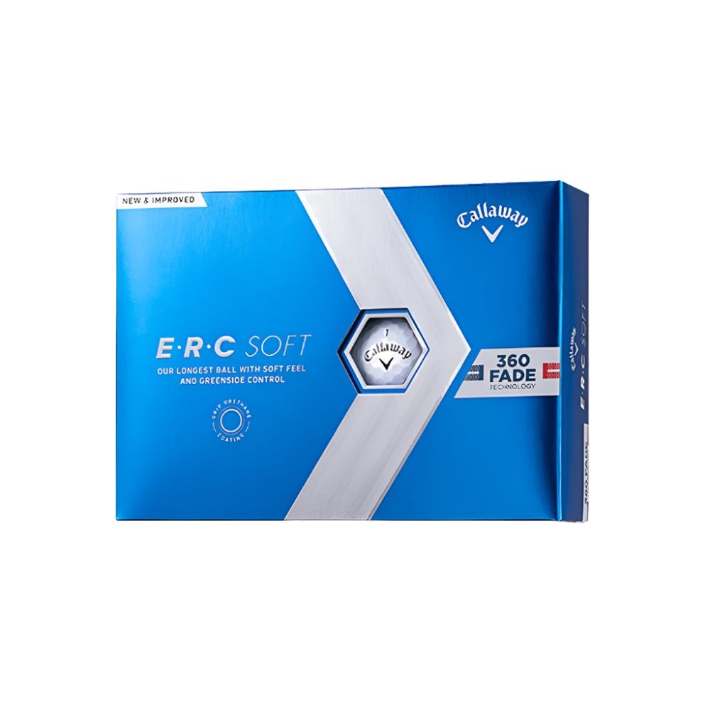 A blue and white box of Callaway E.R.C Soft golf balls with visible brand and product information.