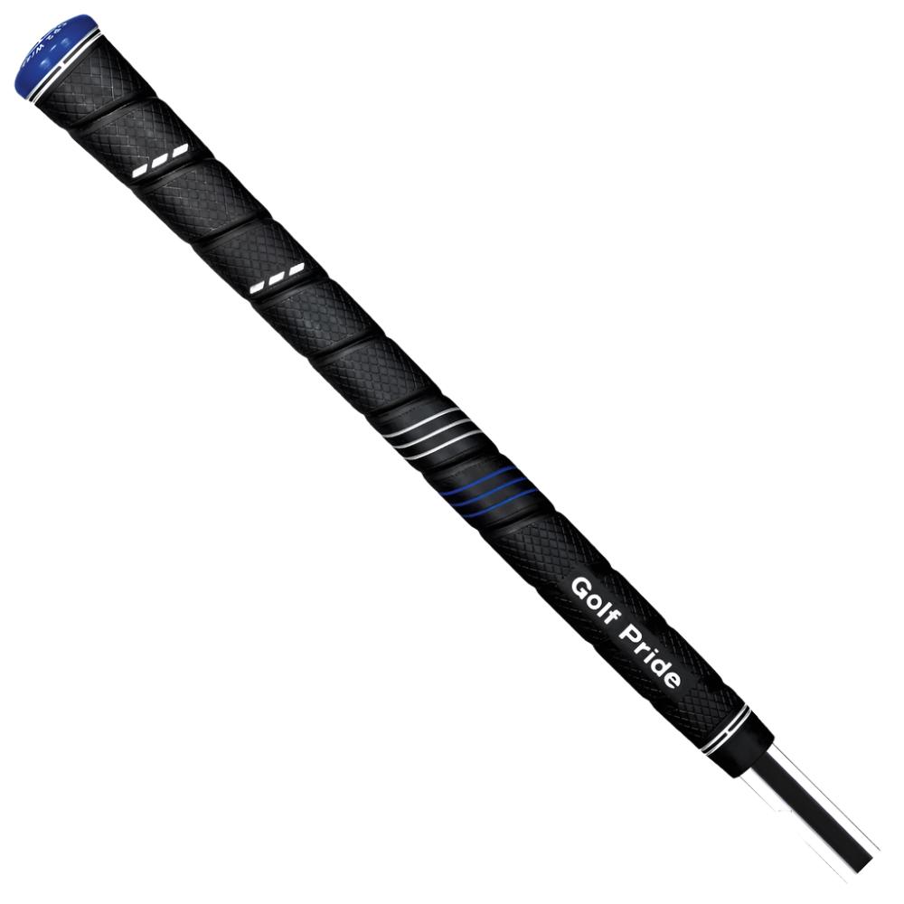 A black golf club grip with blue accents and the Golf Pride brand name on it.
