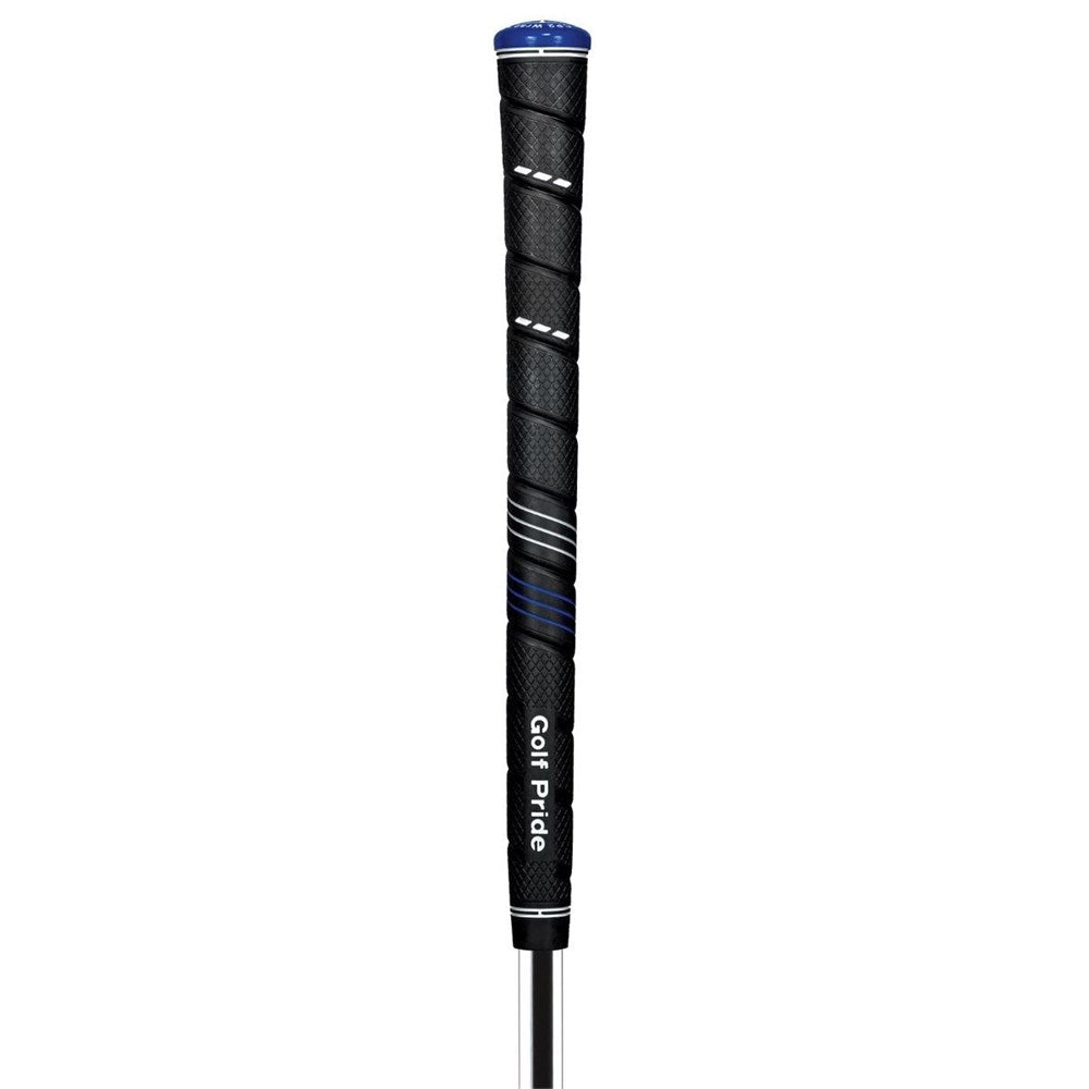 A black Golf Pride CP2 Wrap golf club grip with blue accents. front view