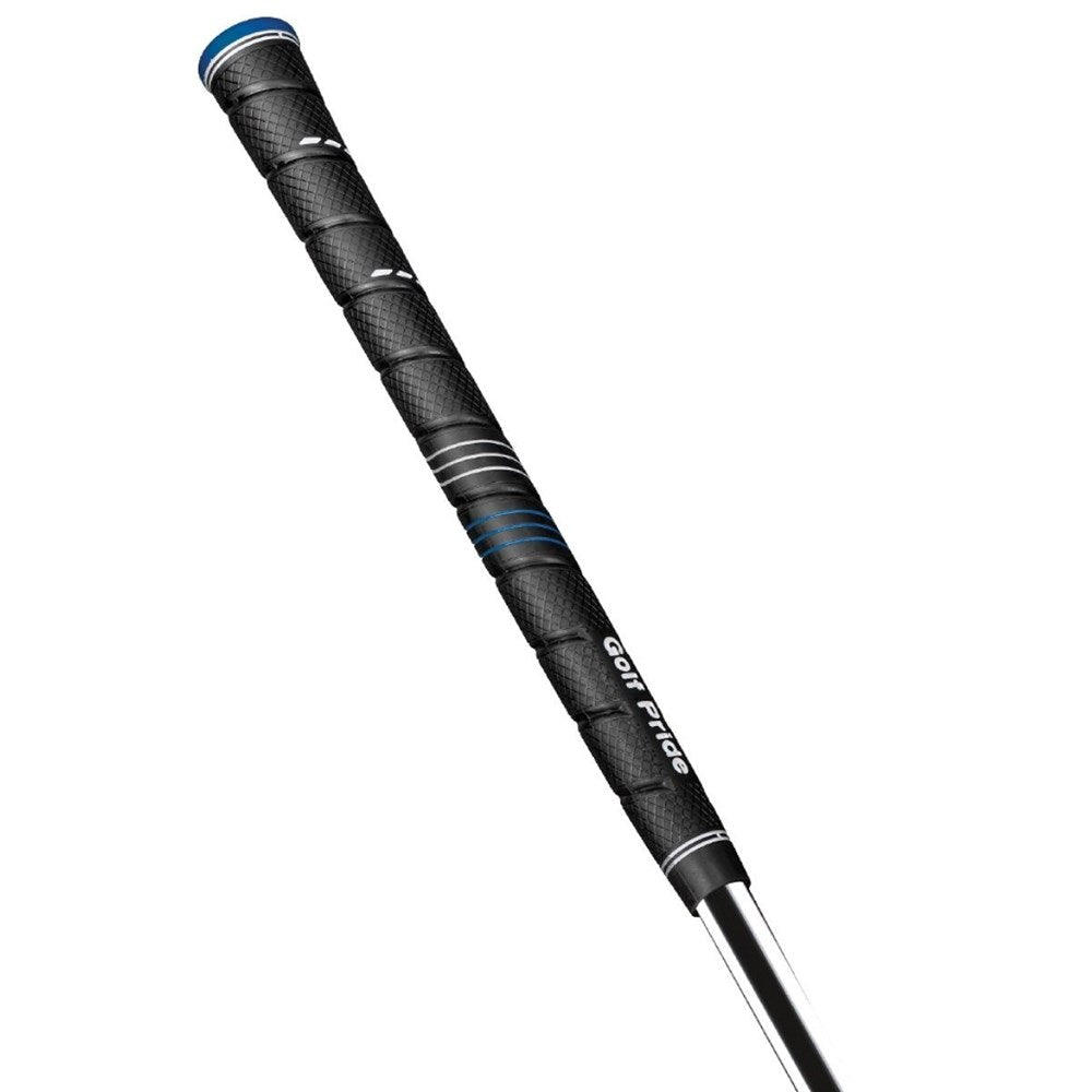 A black Golf Pride CP2 Wrap golf club grip with blue accents. side view