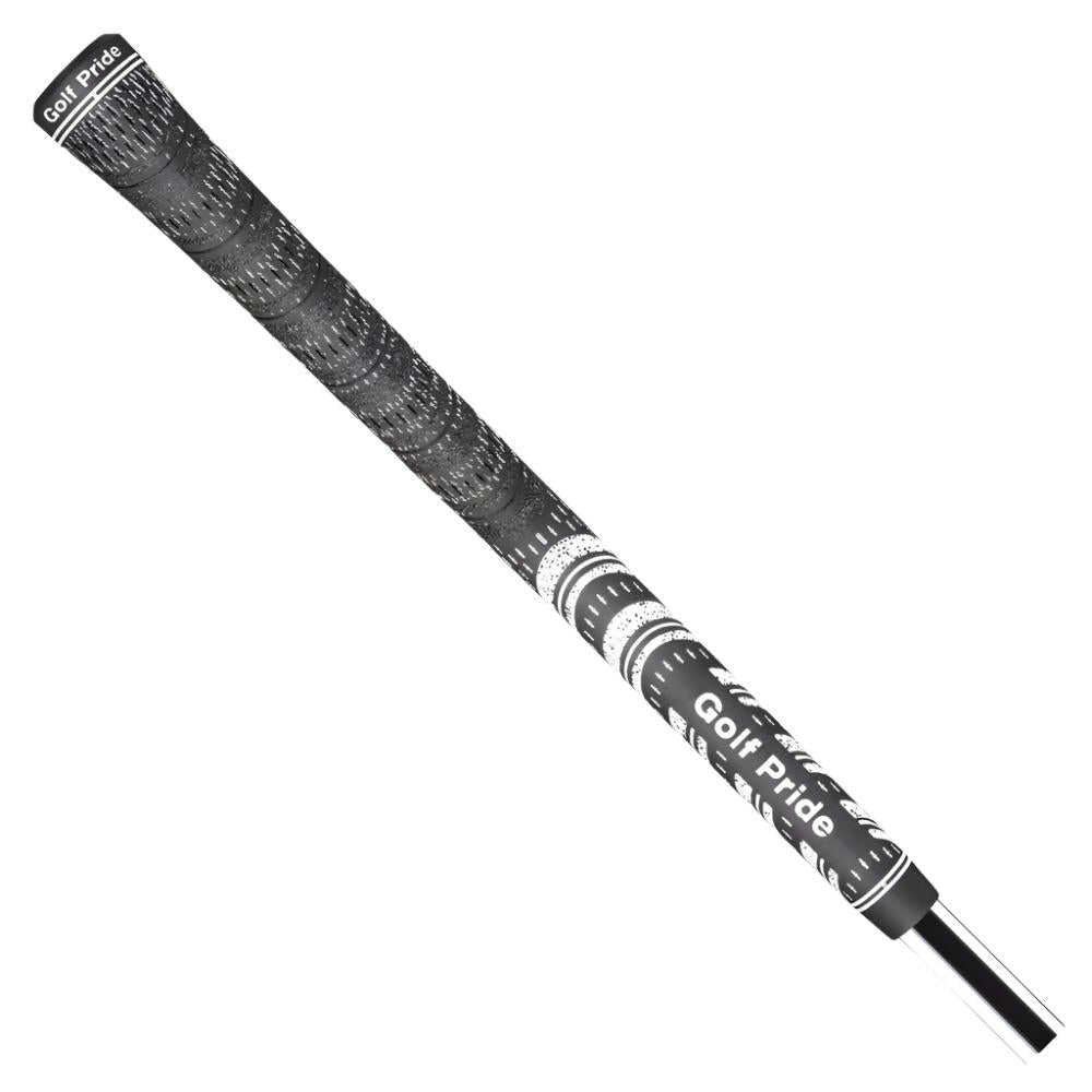 A black and white golf club grip featuring a hybrid design of rubber and cord, with the Golf Pride brand logo visible.