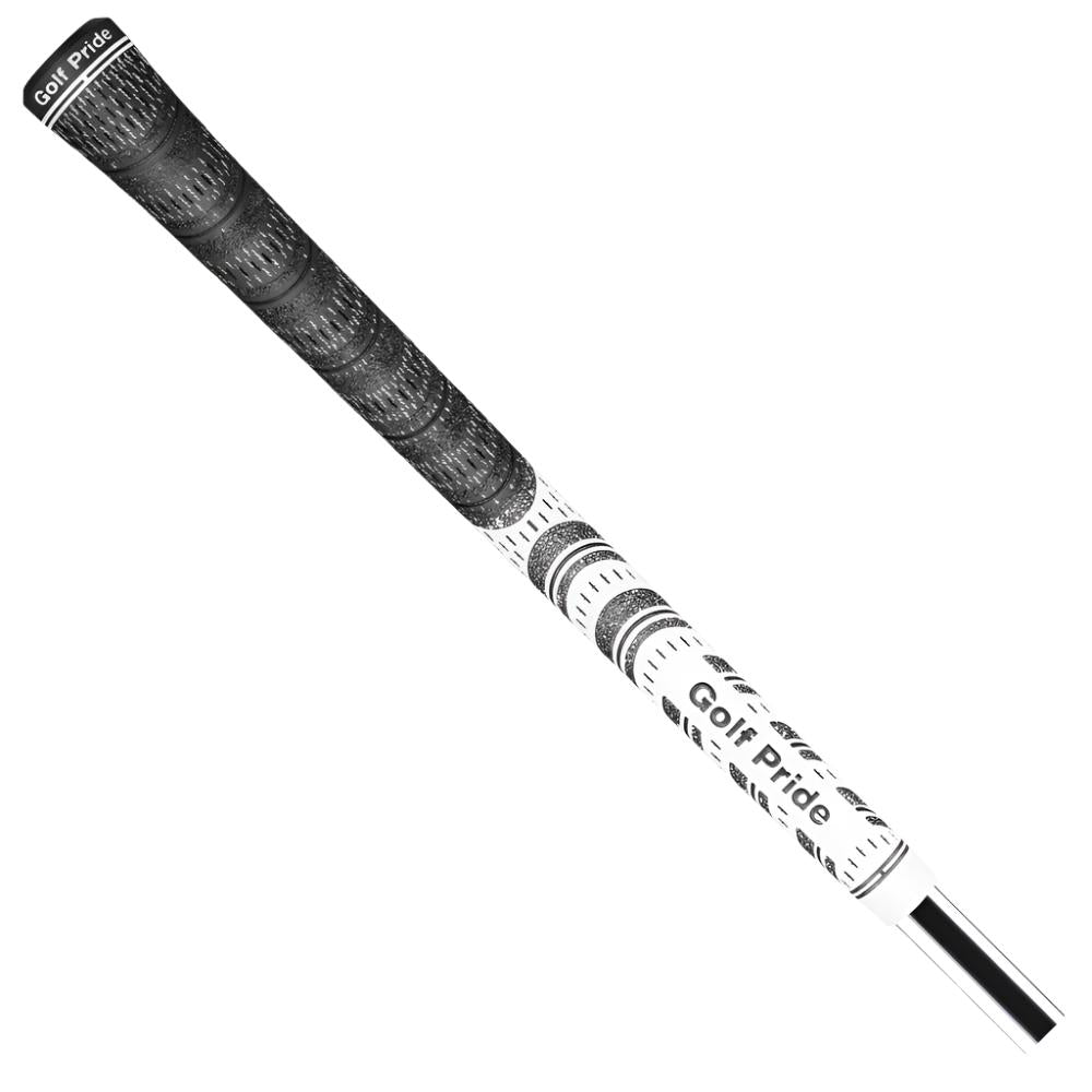 A black and white golf club grip featuring a hybrid design of rubber and cord, with the Golf Pride brand logo visible.