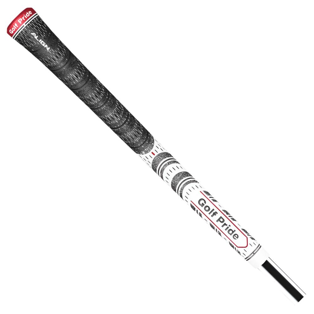 A black and white golf club grip with red accents and the Golf Pride brand logo.