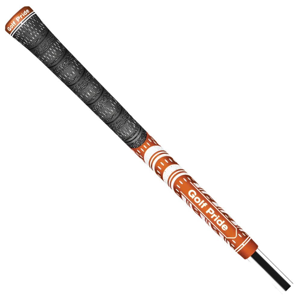 A close-up image of a Golf Pride golf club grip, featuring a hybrid design with both rubber and cord materials, orange in color