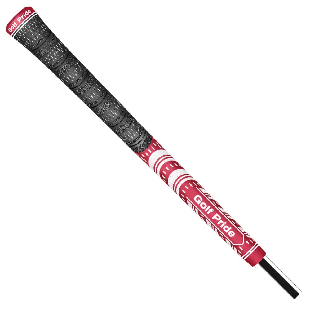A close-up image of a Golf Pride golf club grip, featuring a hybrid design with both rubber and cord materials, red in color