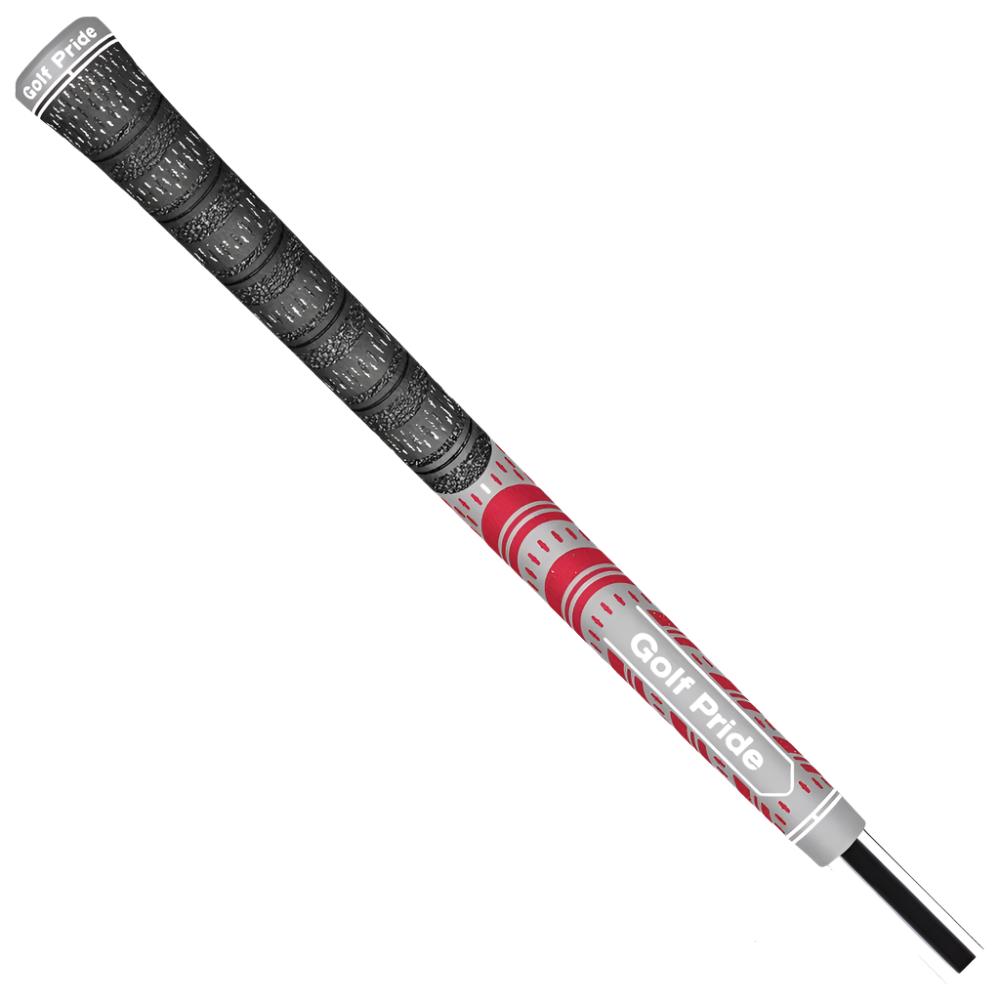 A close-up image of a Golf Pride golf club grip, featuring a hybrid design with both rubber and cord materials, red and gray in color