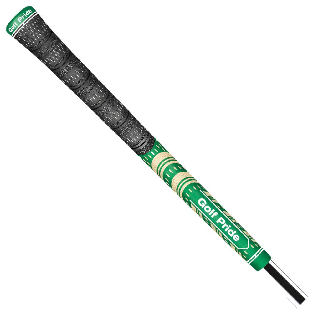 A close-up image of a Golf Pride golf club grip, featuring a hybrid design with both rubber and cord materials, green in color