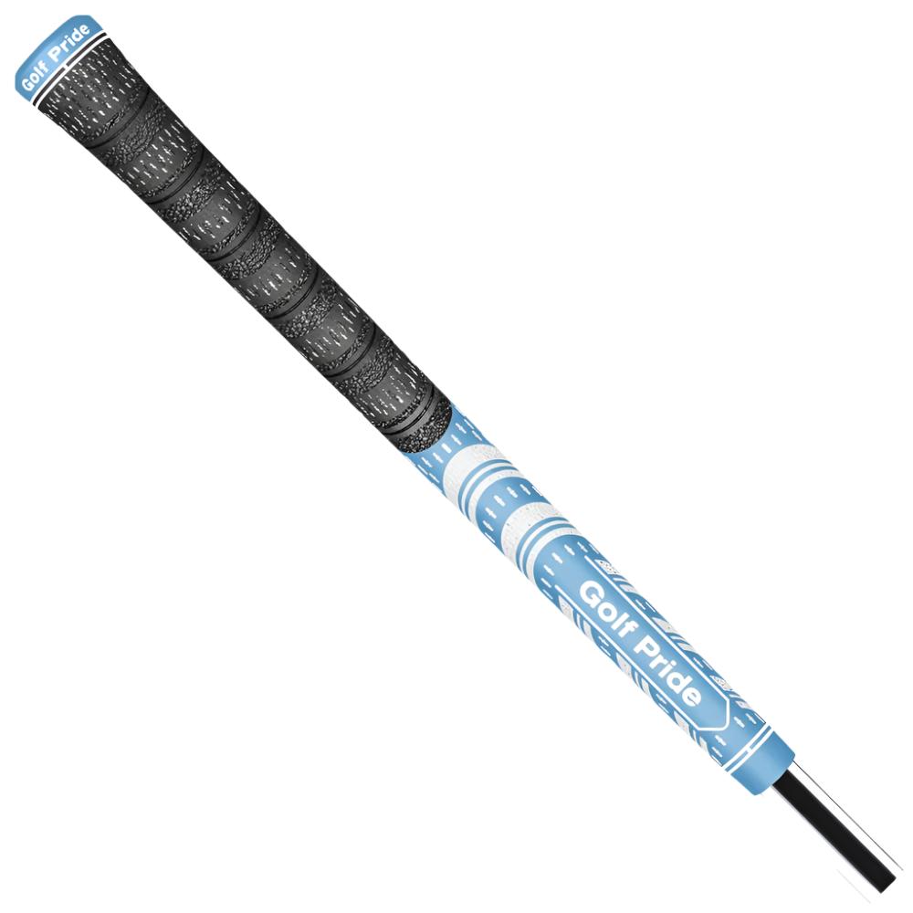 A close-up image of a Golf Pride golf club grip, featuring a hybrid design with both rubber and cord materials, sky blue in color