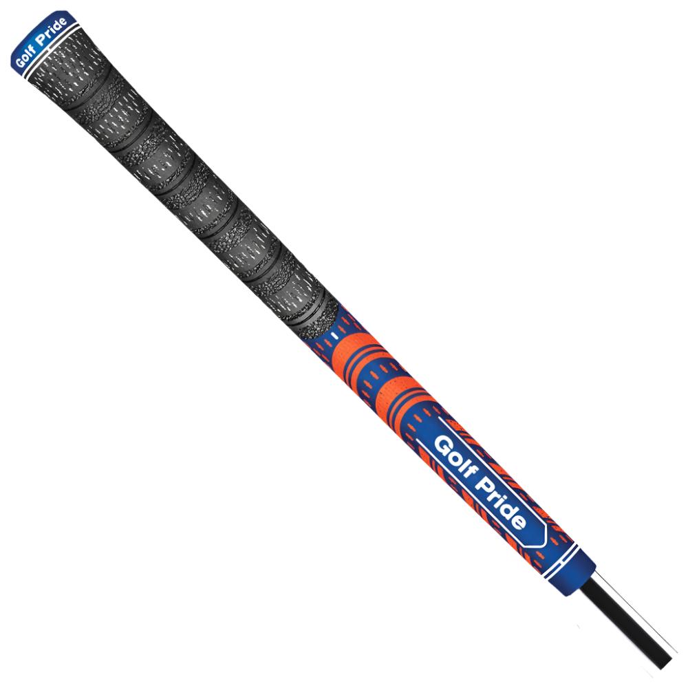 A close-up image of a Golf Pride golf club grip, featuring a hybrid design with both rubber and cord materials, orange and blue in color