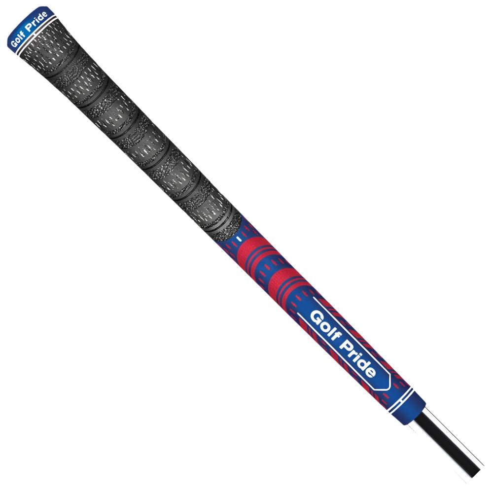 A close-up image of a Golf Pride golf club grip, featuring a hybrid design with both rubber and cord materials, red and blue in color