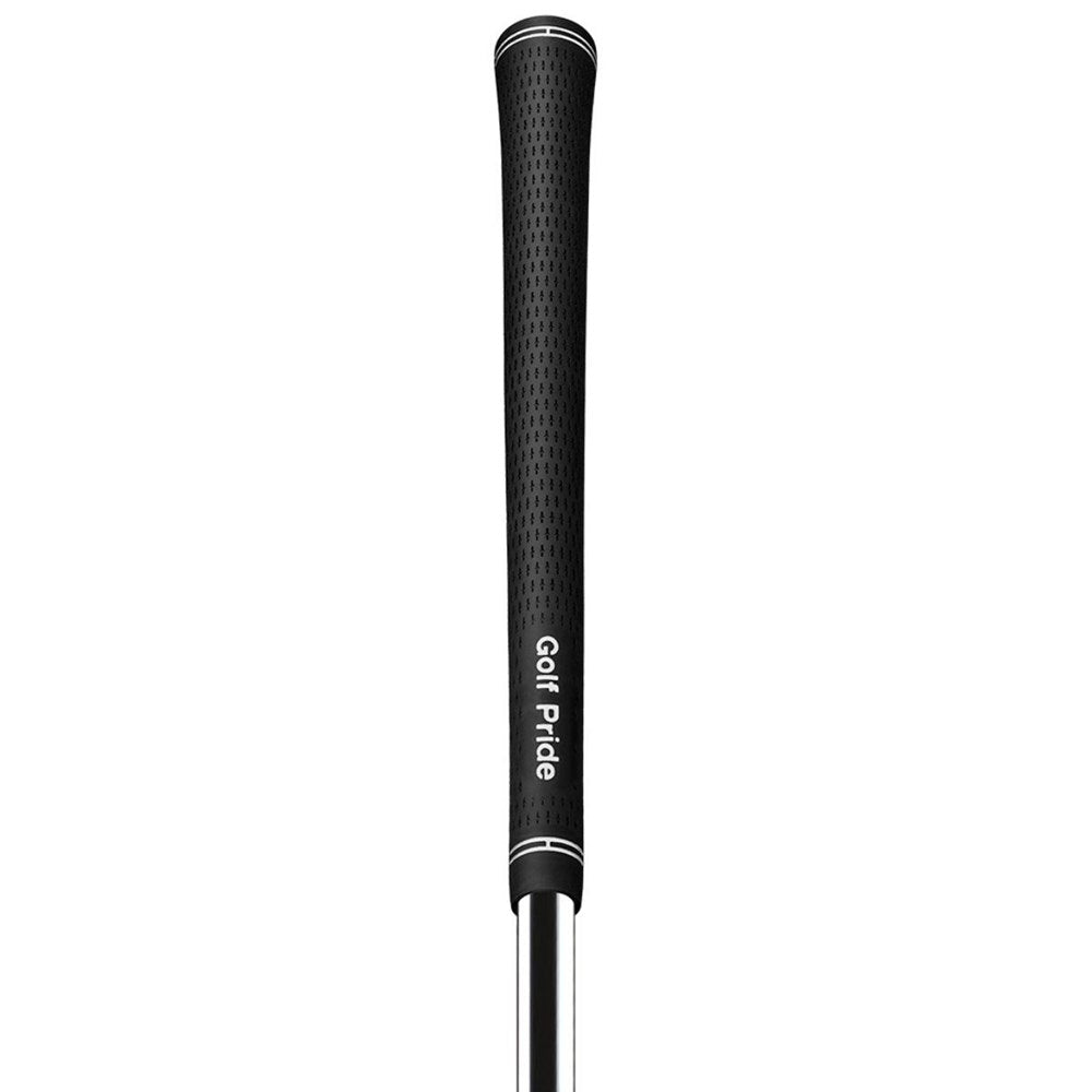 A black golf club grip with the brand name 'Golf Pride' written on it. front view