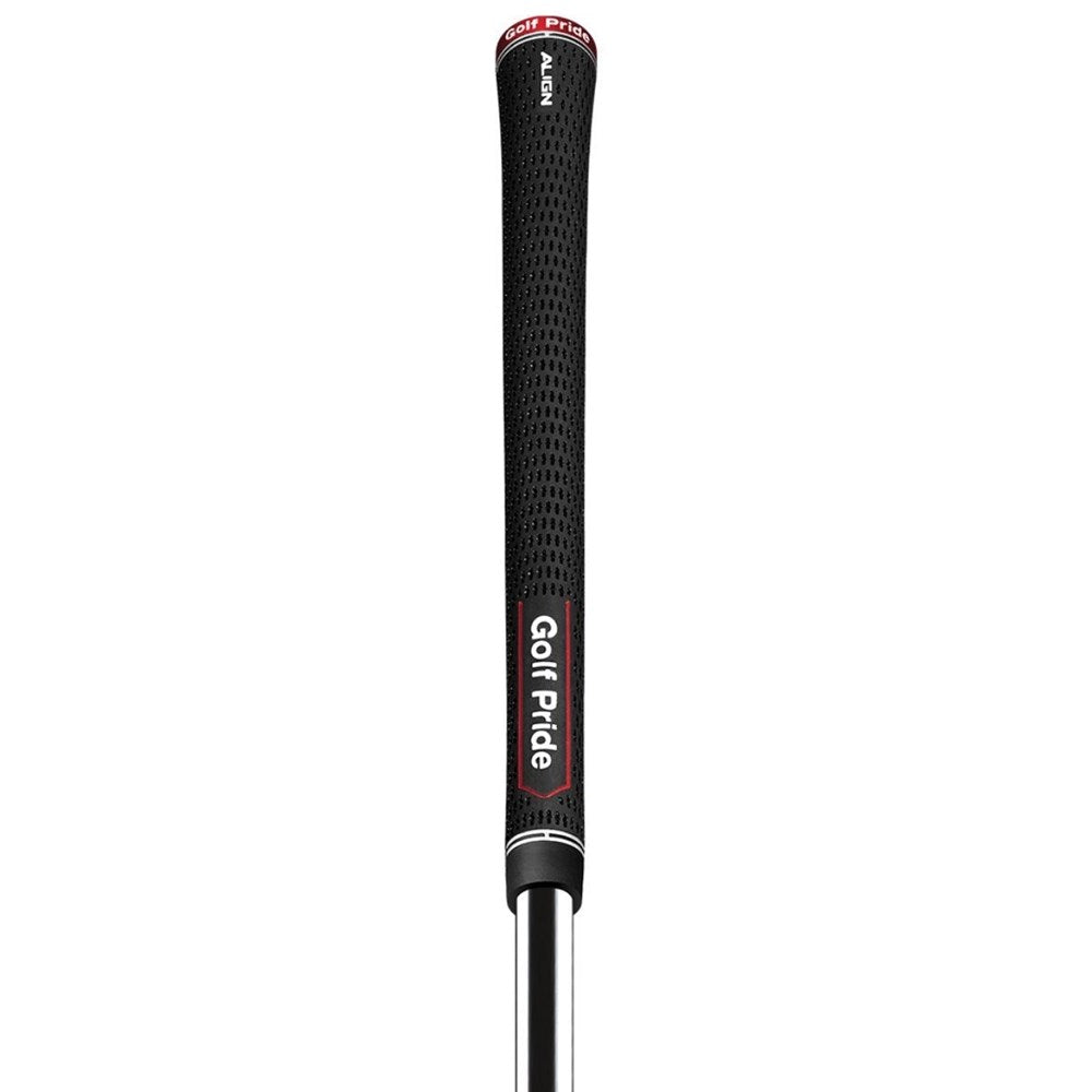 A black golf grip with red details and the brand name 'Golf Pride' written on it. full body view