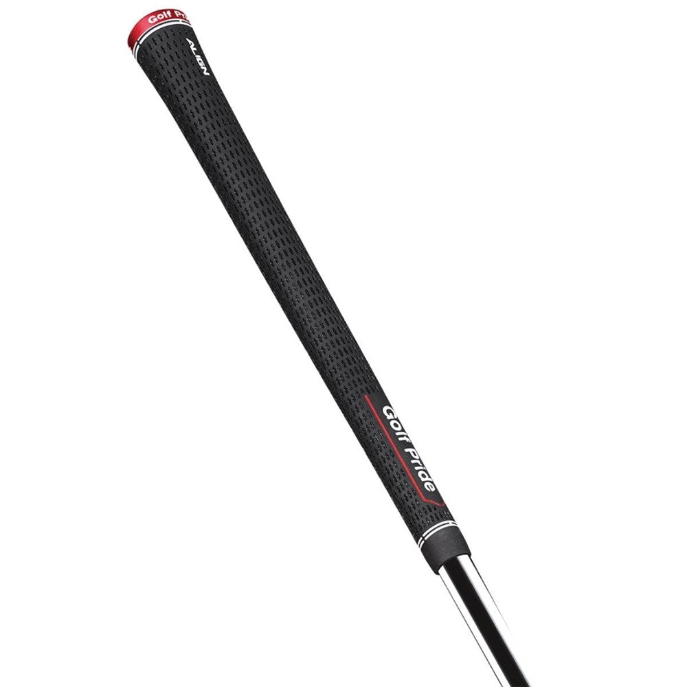 A black golf grip with red details and the brand name 'Golf Pride' written on it. full vertical side profile