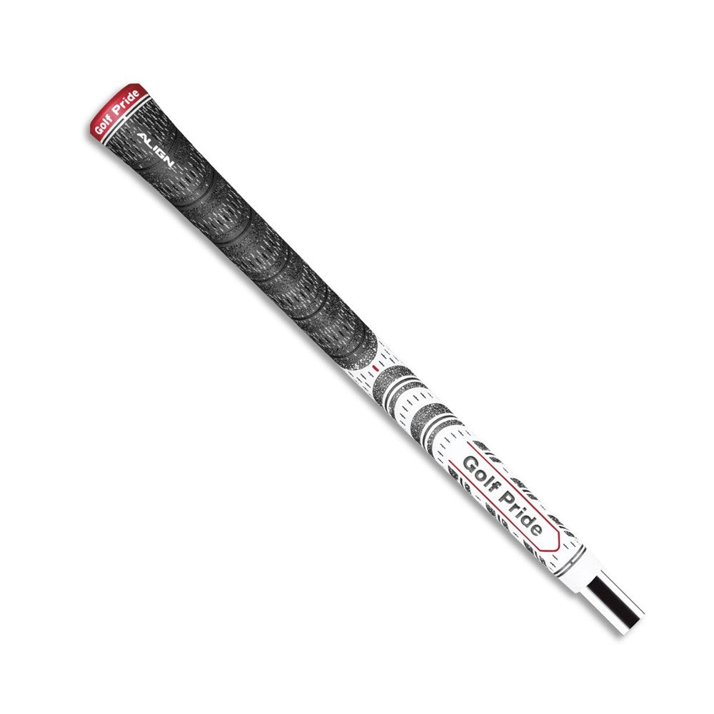 A Golf Pride midsize golf club grip with black rubber and white cord, featuring red details and the Golf Pride logo, back full view.