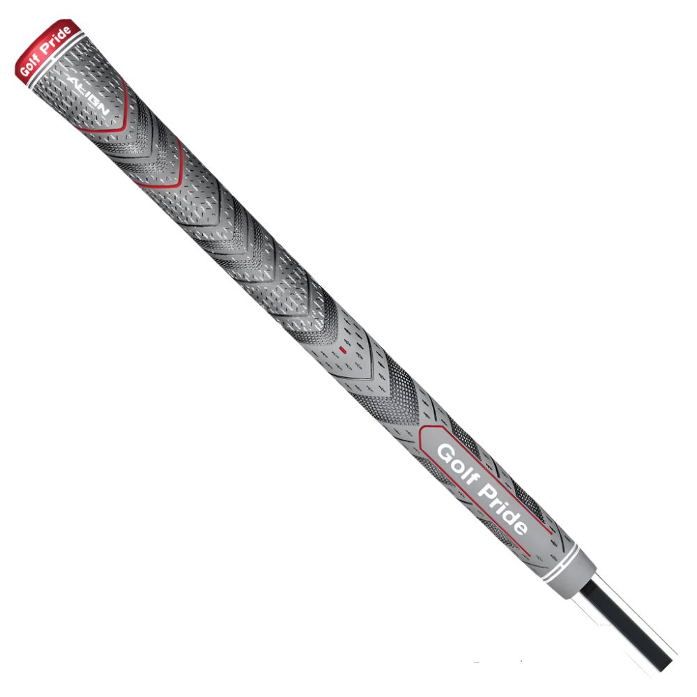 A golf club grip with a raised ridge design, featuring gray color with red details, and the brand name 'Golf Pride' printed.