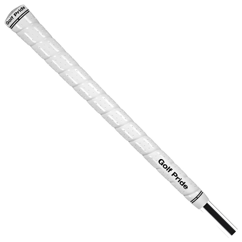 A white one-piece simulated wrap golf grip by Golf Pride with the brand name visible