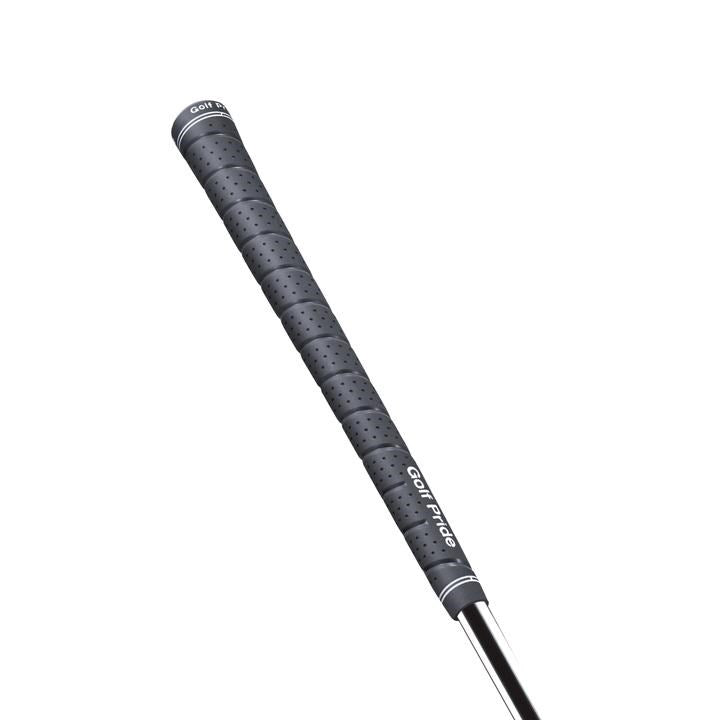 A black Golf Pride Tour Wrap Microsuede golf club grip with white logo and detailing vertical view.